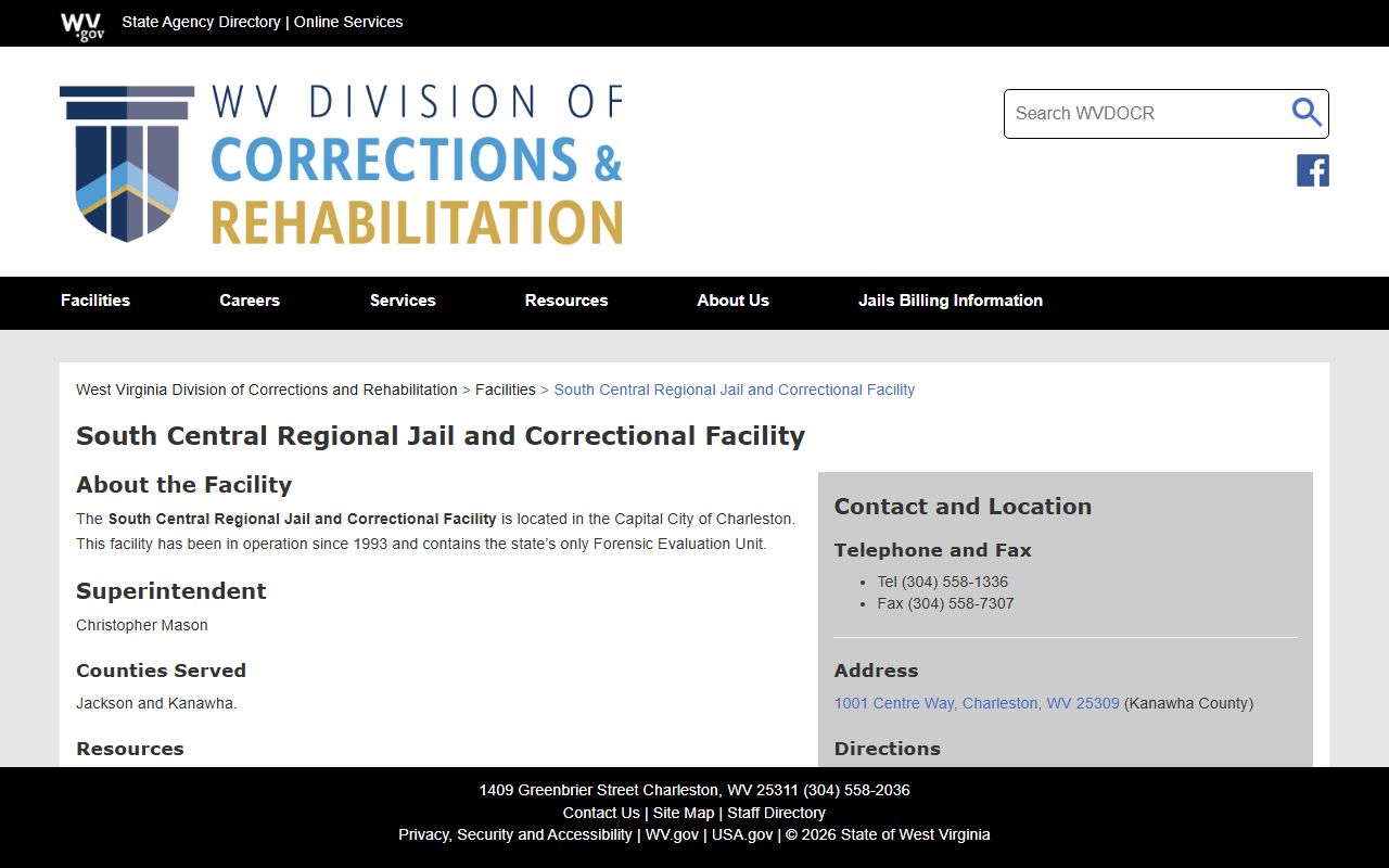 South Central Regional Jail and Correctional Facility official page for Jackson County custody records