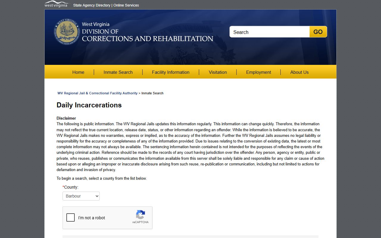 Jackson County inmate records WVDCR Daily Incarcerations county search
