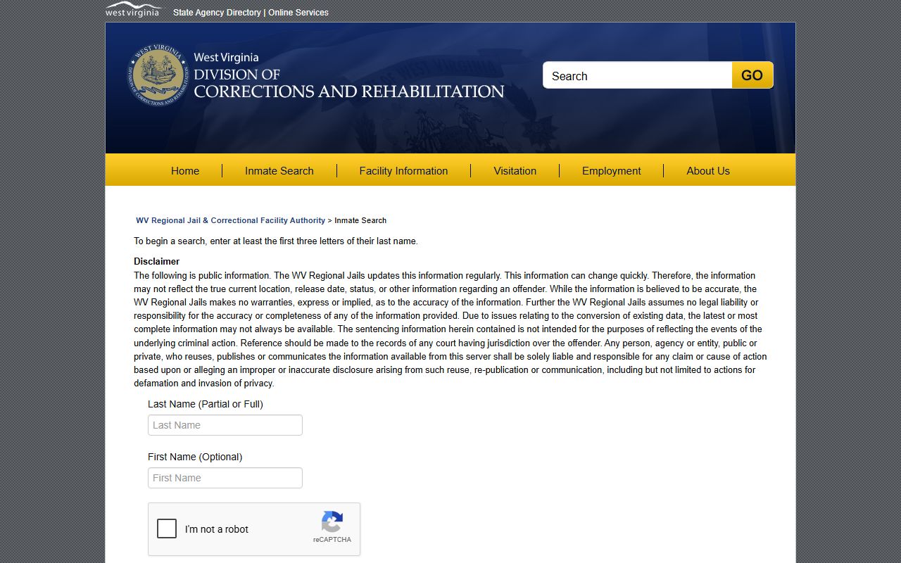 Jackson County inmate population WVDCR regional jail search form